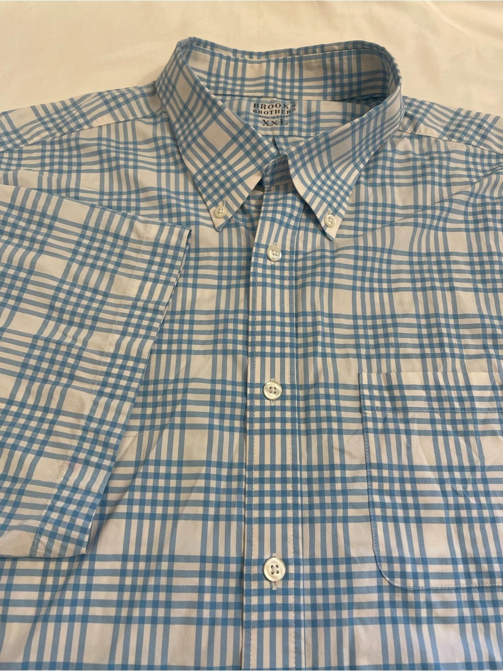 Brooks Brothers Men's XXL Short-Sleeve Button-Down Grid Check Shirt Blue White